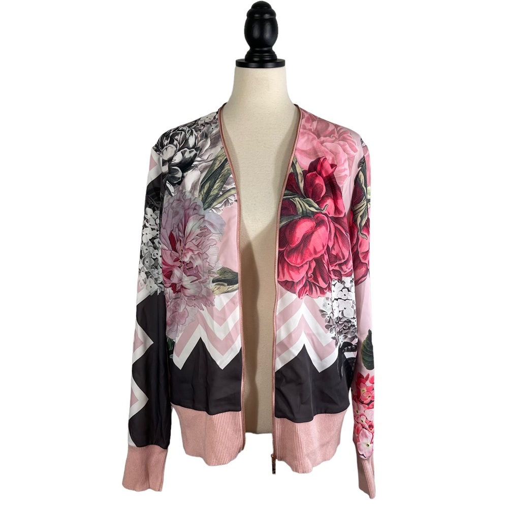 Ted Baker Bomber Jacket Pink Gray Mixed Floral Print Knit Back, Size 5 (US 12) - Picture 9 of 15